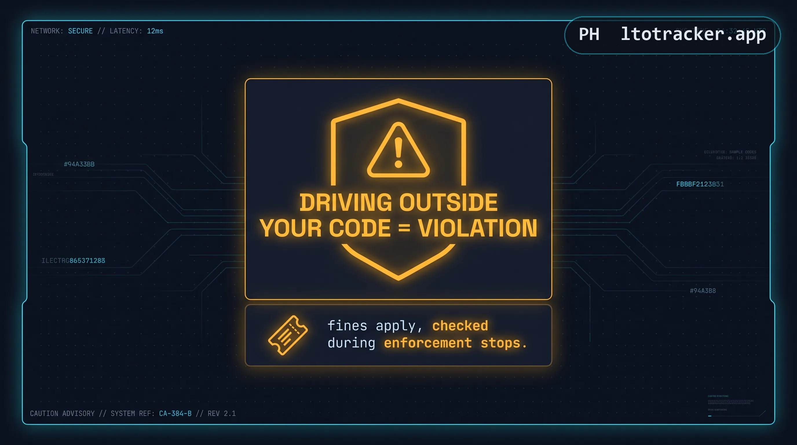 Warning badge: driving outside your code is a violation, with fines applied and checked during enforcement stops