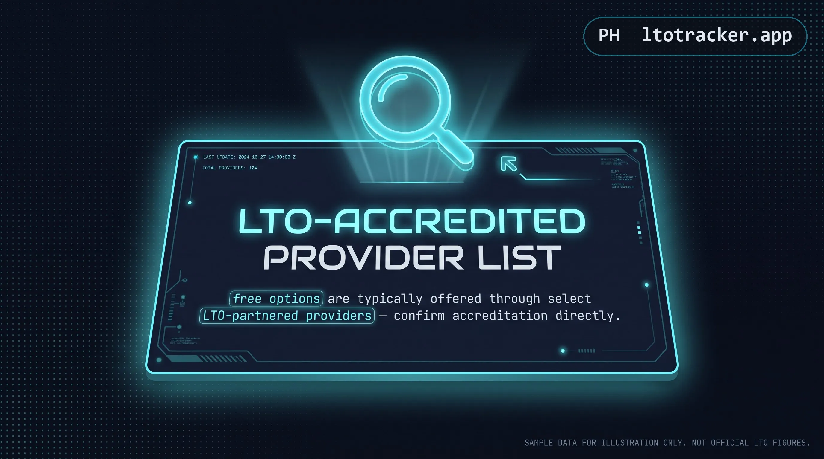 A magnifying glass over an LTO-accredited provider list, with a note to confirm accreditation directly